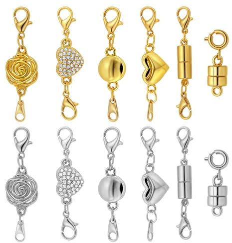 12 St Magnetiska Halsbandsspännen och Stängningar, Halsbandsförlängare i Legering Guld Silver Roshjärta Magnetiska Armbandsspännen och Stängningar för Smyckestillverkning