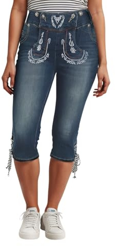 Generisch Trachtenjeans Damen 3/4 Stretch Trachten Lederhose Kurze Caprihose Oktoberfest Bayerisches Trachtenhose High Waist Slim Fit Jeanshose Kniebund Bequeme Denim Hosen