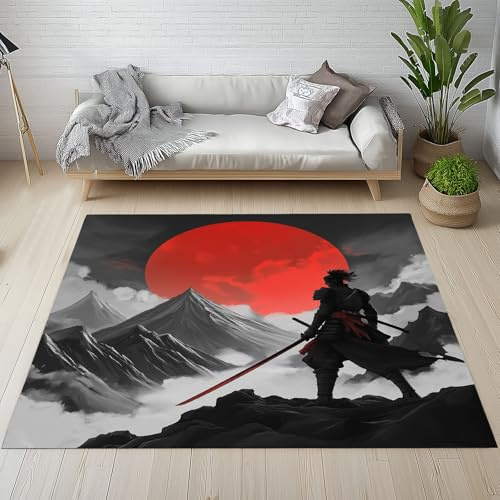 Dyjuaa Japanische Samurai Teppich Kurzflor 120x160 cm, Rote Sonne Gebirge Bettvorleger Weich rutschfest Waschbar, Carpet für Wohnzimmer, Schlafzimmer, Esszimmer, Kinderzimmer