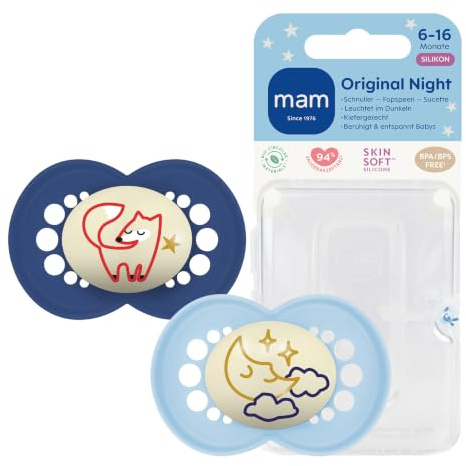 MAM Original Night Schnuller | 6-16 Monate | leuchtende Babyschnuller | 94% Akzeptanz | stillfreundlich | von Hebammen empfohlen | SkinSoft Silikon | Fuchs/Mond | 2 Stück