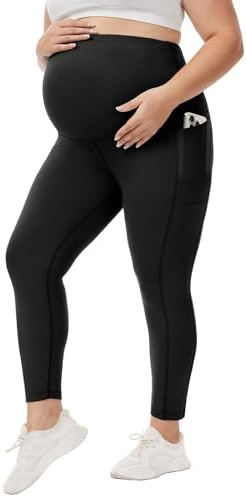Happy.angel Plus Size Maternity Leggings with Pockets,Pregnancy Yoga Pants Over-the-Belly,Maternity Tights for Workout Casual Black XL