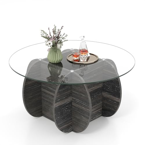 LIFEZEAL Runder Couchtisch Glas, Wohnzimmertisch mit Glasplatte, Moderner Beistelltisch mit Holzbeinen, Dekorativer Sofatisch für kleine Räume, Büro, Zuhause (Schwarz, 89 x 46 cm)