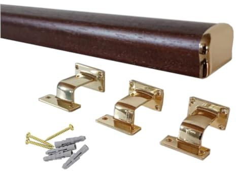 Corrimano per scale in legno sagomato, colore noce scuro, Kit compreso di supporto e terminale ottonato, varie misure (Noce scuro 3mt)