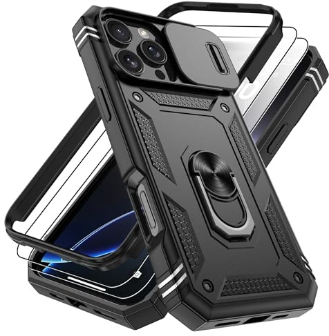 Pilaru 3 in 1 for iPhone 16 Pro Max Case with Front Frame |2 Separate Screen Protector| Kickstand Ring & Camera Cover Slider Armour Military Protective Shockproof Cover for iPhone 16 Pro Max,Black