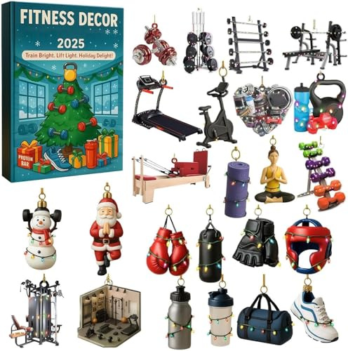 Fitness Adventskalender 2025, Gym Dekors Adventskalender, 24-Tage Weihnachts Countdown Kalender Mit 24 2D Acryl Fitnessgeräten, für Winterferien, Partys, Fitnessstudios, Autofenster (#A)