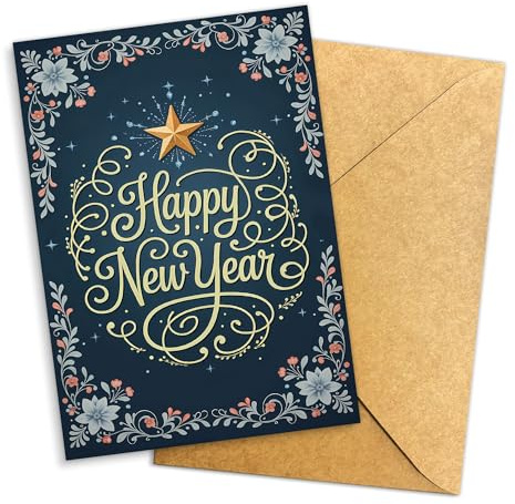 Podagree Happy New Year Blue Floral Star Card for Friends, Family, or Business Clients – Elegant Holiday Greeting – 8x5.3 Inch With Envelope