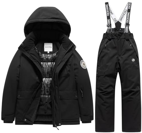 Boys Girls Ski Suit Kids Snowsuits 2 Piece Winter Waterproof Down Jacket Snow Pants Ski Bibs Overalls Snowboarding Clothes (Black, 13-14 Years)