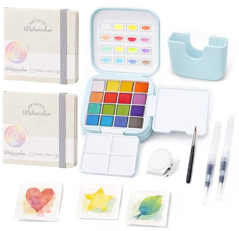 Fakindiy Mini Watercolour Paint Kit - Travel Watercolour Set, Pocket Water Colour Palette with 16 Colours, 2 Mini Sketchbook, Brushes and Clip, Portable Painting Set Gift for Beginners, Artists