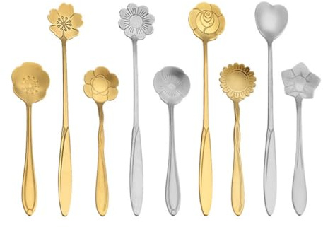 9 Pcs Flower Spoon Set,Tableware Creative Stainless Steel Coffee Spoon Teaspoons,Rose Stirring Spoon Dessert Cherry Blossom Spoon (Gold,Silver)