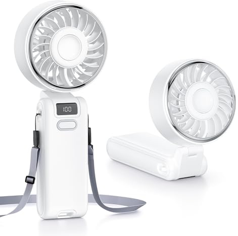 Wasuka Ventilador de Mano Portátil, Ventilador de Mesa Plegable con Pantalla LED, 5 Velocidades, Mini Ventilador USB Recargable, Ventilador Pequeño para Oficina, Dormitorio, Viaje y Camping (Blanco)