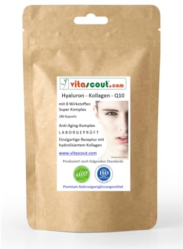 VITASCOUT Hyaluronsäure Kollagen Coenzym Q10 Komplex – 280 Kapseln – mit Vitamin C aus Acerola, Biotin, Zink, Selen, Mangan – Laborgeprüft