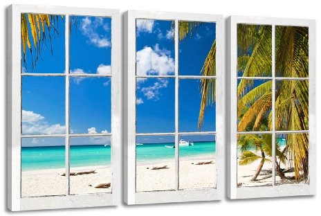 Visario Images sur Toile 160 Cm Nr 1164 Fenêtre avec Vue, Mers du Sud, Vacances, Plage Pret A Accrocher, Marque Original