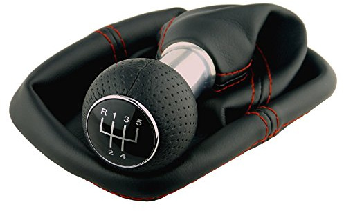 Schaltsack & Schaltknauf für VW Golf 2 3 4 Polo 6N für Passat 35i - 5 Gang - Schwarz - Rot - Chrom - Schaltmanschette Schalthebel Manschette für Schaltung - Knauf Hebel Schaltgetriebe 12mm - A0254-8