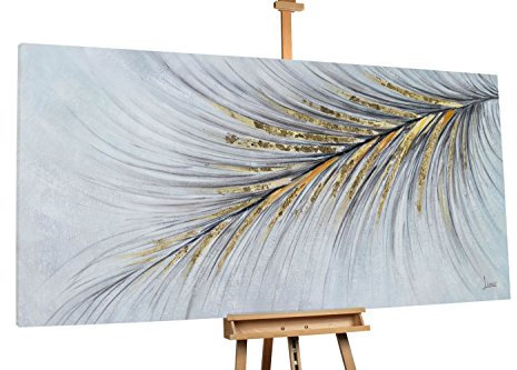 KunstLoft® XXL Gemälde 'Federsanft' 200x100cm | original handgemalte Bilder | Modern Feder Gold Schwarz | Leinwand-Bild Ölgemälde einteilig groß | Modernes Kunst Ölbild