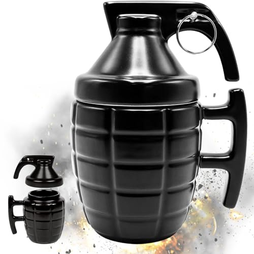 ASEOK Funny Grenade Mug - Taza de desayuno para capuchino, café y té en cerámica - 300 ml - Taza en forma de granada con tapa - Idea de regalo original y divertida (negro)