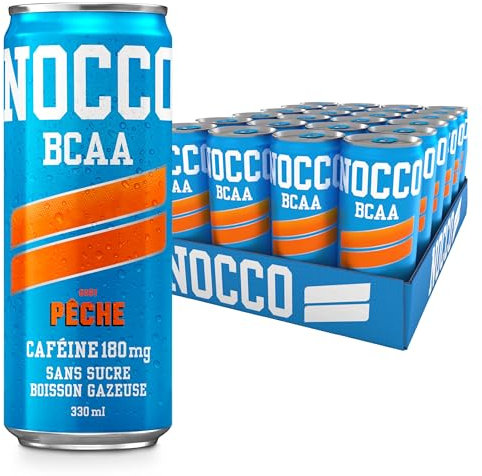 NOCCO Boisson énergissante goût pêche 180 mg caféine 24x330ml Boissons énergétiques, Sans Sucre BCAA (Peche)