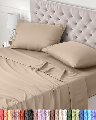 Utopia Bedding Parure de Lit 180x200, Draps de Lit 2 Personnes, Ensemble de Draps 4 Pièces, Polyester Microfibre, 1 Drap Housse 180x200, 1 Drap Plat 270x290 et 2 Taies d'oreillers 50x75, Beige