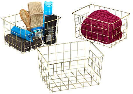 Relaxdays 3 Cestas Metálicas Rejilla Alambre, Canasto Ordenación, Caja Almacenaje, 15,5 x 28 x 20 cm, Dorado, Hierro, 3