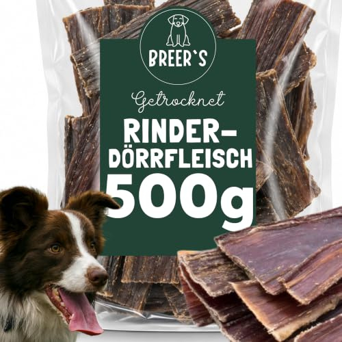 BREERs Rinderdörrfleisch getrocknet 15cm Trockenfleisch für Hunde 500 Gramm Kauartikel für große & kleine Hunde Hundesnack Kausnack Rinderschlund