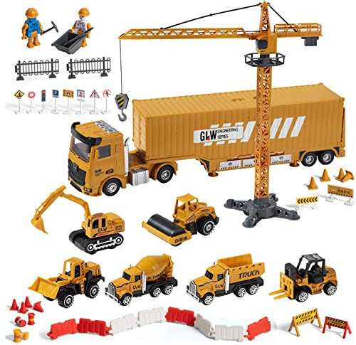 Coriver Camion Chantier Enfant, Véhicules pour Enfants, Camion avec Effets Lumières Musique Tracteur Grue Betonniere Grue Jouet Enfant, Camions pour 3 4 5 6 7 8+ Ans Cadeau d’Anniversaire