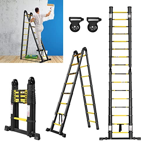 ACXIN 5,0M Klappleiter Teleskopleiter Ausziehleiter Multifunktionsleiter Mehrzweckleiter 16 Stufe Stehleiter Ausziehbare Aluminium Leiter Belastbarkeit 150KG (Schwarz-Gelb, 2,5+2,5M)
