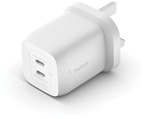 Belkin 65W Dual USB Type C Wall Charger, Fast Charging Power Delivery 3.0 with GaN Technology, USB Plug fast charger for iPhone 16, 15, 14, iPad, MacBook, Samsung Galaxy S24, Pixel and more - White