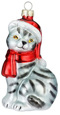 Inge-glas Christbaumschmuck Glas 10cm Katze mit Mütze und Schal Weihnachtskugeln Hauskatze grau