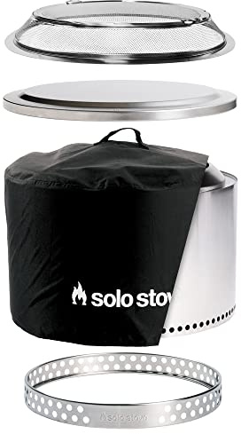 Solo Stove Feuerschale Yukon Gartenset 2.0 | Inkl. Feuerstelle, Standfuß, Funkenschutz, Abdeckung, Deckel, Raucharme Holzverbrennung, Herausnehmbare Auffangschale, Edelstahl, 68,5 x 50,5 cm, 20,7 kg