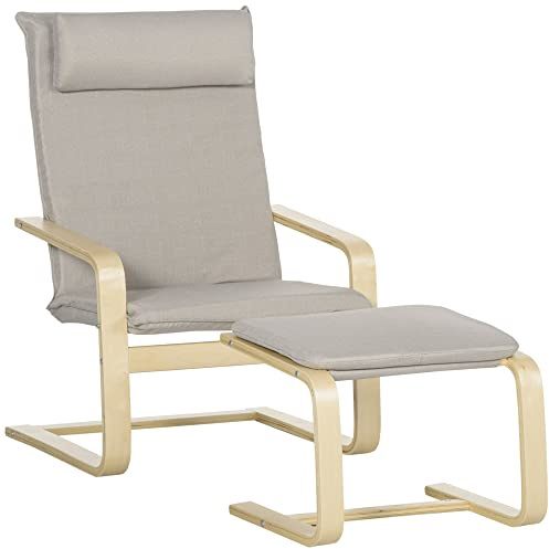 HOMCOM Sillón con Reposapiés Sillón Lectura con Respaldo Alto Reposacabezas Extraíble Patas de Madera y Tapizado en Lino Butaca para Salón Dormitorio Oficina Gris