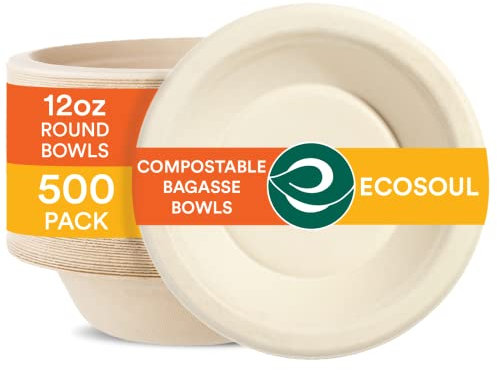 Ecosoul - Cuencos de sopa 100% compostables de 12 onzas [paquete de 500] Cuencos desechables para postre I Cuenco de papel resistente I Ensaladera ecológica I Cuencos grandes biodegradables