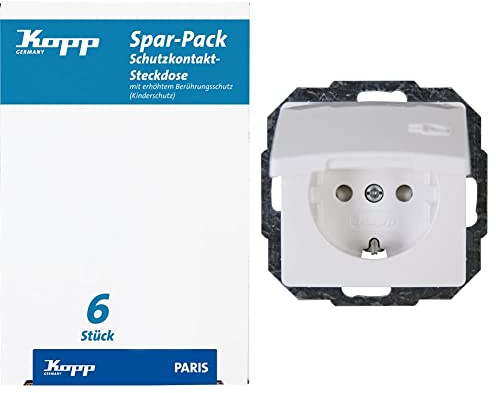 Kopp Paris Spar-Pack: 6 Schutzkontakt-Steckdosen mit Berührungsschutz I Arktis-Weiß – 920702011 & 920802069 Paris Schutzkontakt-Steckdose mit Deckel und erhöhtem Berührungsschutz