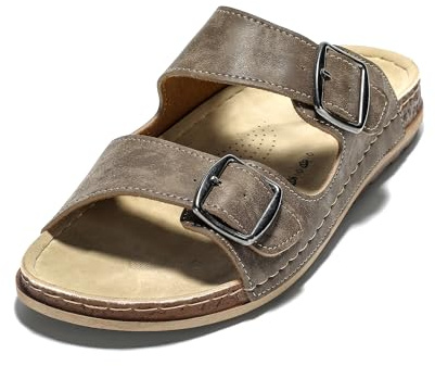 JOMIX Sandales Homme Cuir Tongs Hommes Chaussures d'été Réglable Confortables pour Mer Piscine Plage (Marron, 42)