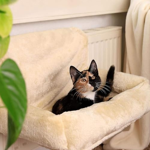 DELURA Katzen-Fenstersitz,Stabile Katzen-Hängematte,Fenstersitz,Einfach Zu Verstellendes Katzenbett Für Fensterbank,Nachttisch,Schublade Und Boden (Weißer Plüsch)