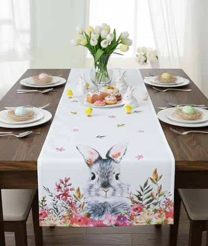 KAMACA Tischläufer Frühling & Ostern – Dekorativer Oster-Tischläufer mit Blumen, Hasen & Ostereiern, bunt Bedruckt, waschbar – Tischdekoration für Küche & Esstisch (40x140 cm, Süßer Hase)