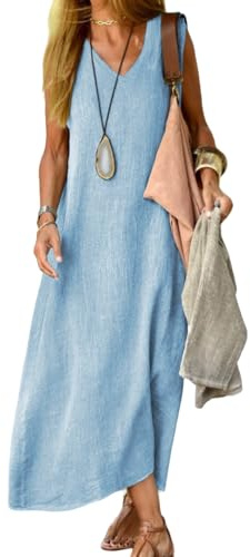 Juketron 2024 Abiti Estivi Donna Scollo a V Senza Maniche Canotta Abito Lungo Tinta Unita Abiti da Spiaggia in Lino di Cotone Abito Estivo Allentato Casual