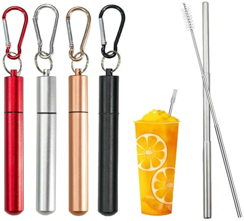 Mauepersu Edelstahl 4 Strohhalme Wiederverwendbar Metall Strohhalm Metallstrohlme 10 Bis 22.5cm Teleskop Strohhalm mit Reinigungsbürste et Schlüsselring (Rot/Silber/Schwarz/Roségold)