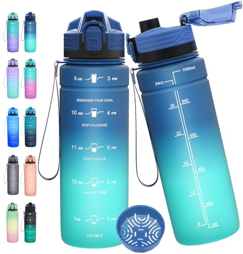 Expansea Trinkflasche 1L/500ml/ 700ml/1500ml Sportflasche, BPA-frei Tritan Trinkflasche Sport Auslaufsicher mit Zeitmarkierung - Wasserflasche für Fitness, Fahrrad, Outdoor, Yoga, Gym, Schule
