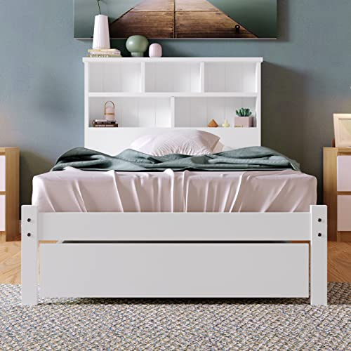 ZUUYEE Massivholz Einzelbett 90x200 mit Lattenrost und Schubladen, Bücherregal Jugendliche und Erwachsene Einzelbetten 90x200 cm, Weiß