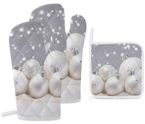 Ofenhandschuhe und Topflappen-Set, hitzebeständig, heiße Pads, weiße Weihnachtsbälle, dicke Ofenhandschuhe, rutschfeste Topflappen, extra lange Kochhandschuhe zum Grillen, Backen, Grillen, 3-teilig