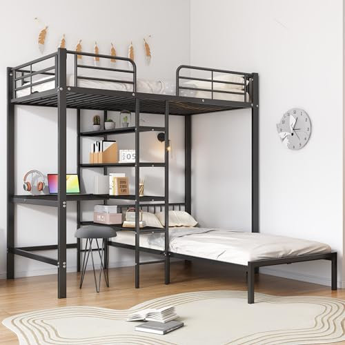 Etagenbett Kinderbett 90x200, Hochbett mit Schreibtisch und 4 Regalen, Bettgestell mit Leiter und Fallschutzgitter, Metallbett Eisenbett Jugendbett Eisenrahmenbett für Kinder Jugendliche, Schwarz