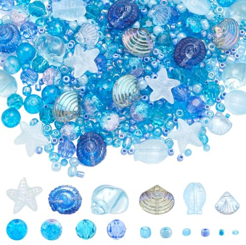 SUNNYCLUE 1 Schachtel 3000 Stück Fisch Perle Perlen Set Ocean Blaue Ozeanperlen Set Sommer Glasperlen Große Menge Süße Kleine Cyanfarbene Hawaii Seefische Muscheln Seesterne Abstandshalter Runde