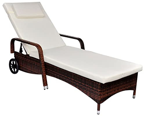 Festnight Sonnenliege mit Rollen Rattan Liege Outdoor Gartenliege mit Auflage Wetterfest Liegestuhl Garten Verstellbarer Rattanliege