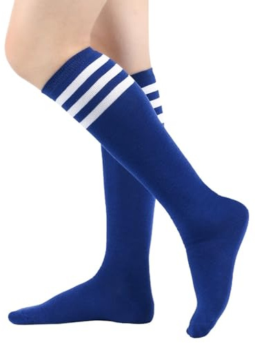 BrightGlow Medias hasta la rodilla para mujer, calcetines altos retro con rayas, muslo largo, calcetines altos, medias a rayas, calcetines deportivos, talla única, azul zafiro, Talla única