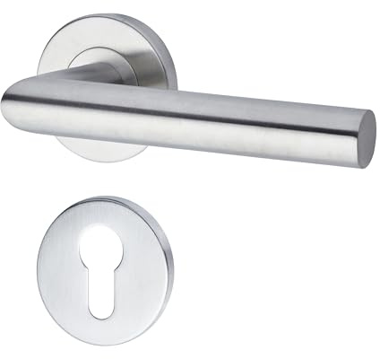 Yale Set di maniglie L 90 in acciaio inossidabile per porta con rosetta per cilindro europeo 35-S1L9-RRCY-88-3101, satinate, design moderno, adatto per porte interne ed esterne