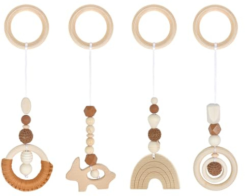 heavenlife 4 Stück Spielbogen Baby Spielzeug ab 0 Monate, Gym Spielbogen Baby Holz Anhänger, Spielebogen Babies Toys für Babyschale Kinderwagen Autositz Spielzeug (Braun)