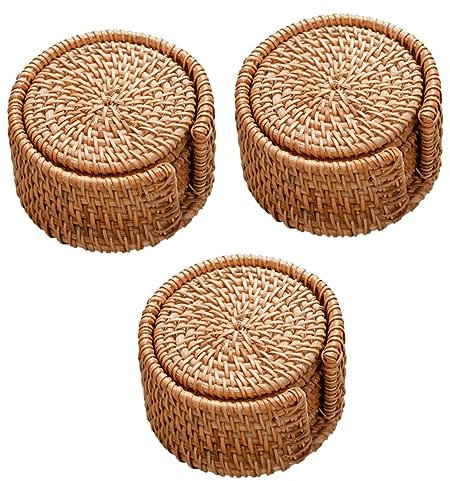 Cabilock 3 Juegos Posavasos de ratán rugerizado decoración hogar Soporte de Taza Tejido Tetera de Cuello de Cisne Cromo manteles Individuales Mimbre Estera de la Taza portavasos Rota Khaki