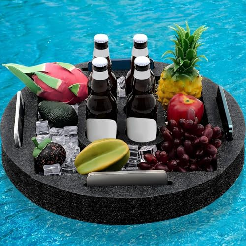 Qinyoung Large Floating Drink Holder Black Floating Refreshment Table Tray Compartment Portable Floating Pool Tray for Swimming Pool Accessories Hot Tub Beach and Party Decor (Round Four Holes)