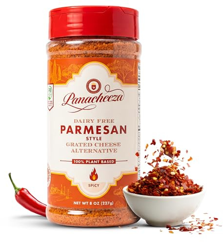 Panacheeza Hot & Spicy Plant-Based Grated Parmesan Cheese – Dairy-Free Vegan Cheese with Cashews, Nutritional Yeast, Red Jalapeno Chili Flakes, Garlic & Apple Cider Powder – for Pastas & More – 8oz