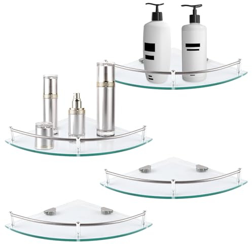 YAYODS Lot de 4 Étagère de Douche d'Angle en Verre 23,5 x 23,5 cm - Étagère Murale Triangulaire en Verre Trempé 6 mm - Tablette de Salle de Bain avec Garde-corps en Acier Inoxydable - Transparent