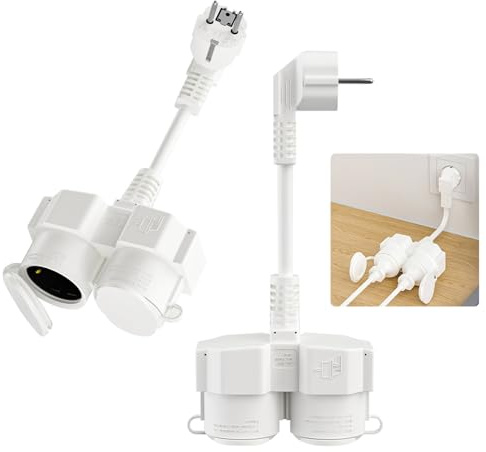 Verlängerungskabel mit Schuko Steckdosen,2 in 1 Doppelstecker für Steckdose,16A/250V/Max Doppelstecker Verlängerungskabel Kurz mit Steckdosenadapter 2fach Schuko
